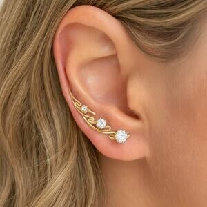 Three Stone CZ Ear Climber Earrings – Modern 14K Gold & Silver Jewelry Gift